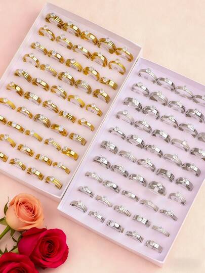 10/20Pcs Fashion Inlaid Rhinestone Stainless Steel Ring For Women And Men Elegant With Rhinestone High-End Proposal Engagement Wedding Jewelry Party Gifts Random