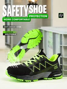 男士工作安全鞋，轻便钢头鞋，透气针织鞋面户外徒步鞋，防砸运动鞋，系带黑绿工作靴，宽楦运动工作鞋，适用于工业和建筑工作，四季皆宜的舒适男士劳动防护鞋 - 彩色 - 查看 10
