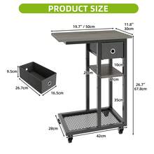 Yitahome C-Shaped End Table, Slim Sofa End Table With Fabric Drawer, Open Compartments And Lockable Wheels, Movable Side Table, Grey Wood -By GeoTower - Grey - View 4