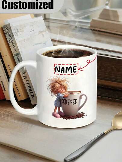 1pc Cute Hugging Coffee Mug, Personalized Coffee Mug - Personalized Name, Custom Name Ceramic Cup With Cute Girl Drinking Coffee Design, Cute Drinking Coffee Cup, 11oz Ceramic Coffee Cup With Cute Design, Birthday/Christmas/Holiday Gift For Women, Coffee Lovers - Reusable Coffee Mug For Home, Office, Or Gifts, Home Drinkware