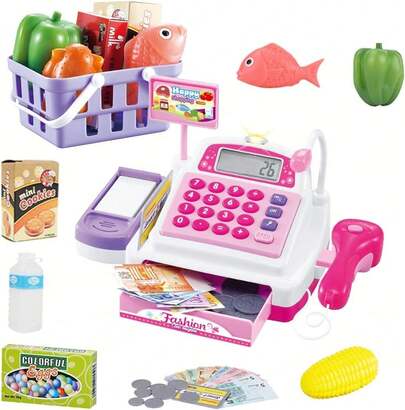 34PCS Caja Registradora Juguetes Para NiñAs Juegos De ImaginacióN Supermercado Tienda Juguetes Caja EscáNer Juguetes Con Sonidos Y Juegue Comida, Dinero, Juguetes De Supermercado YáS