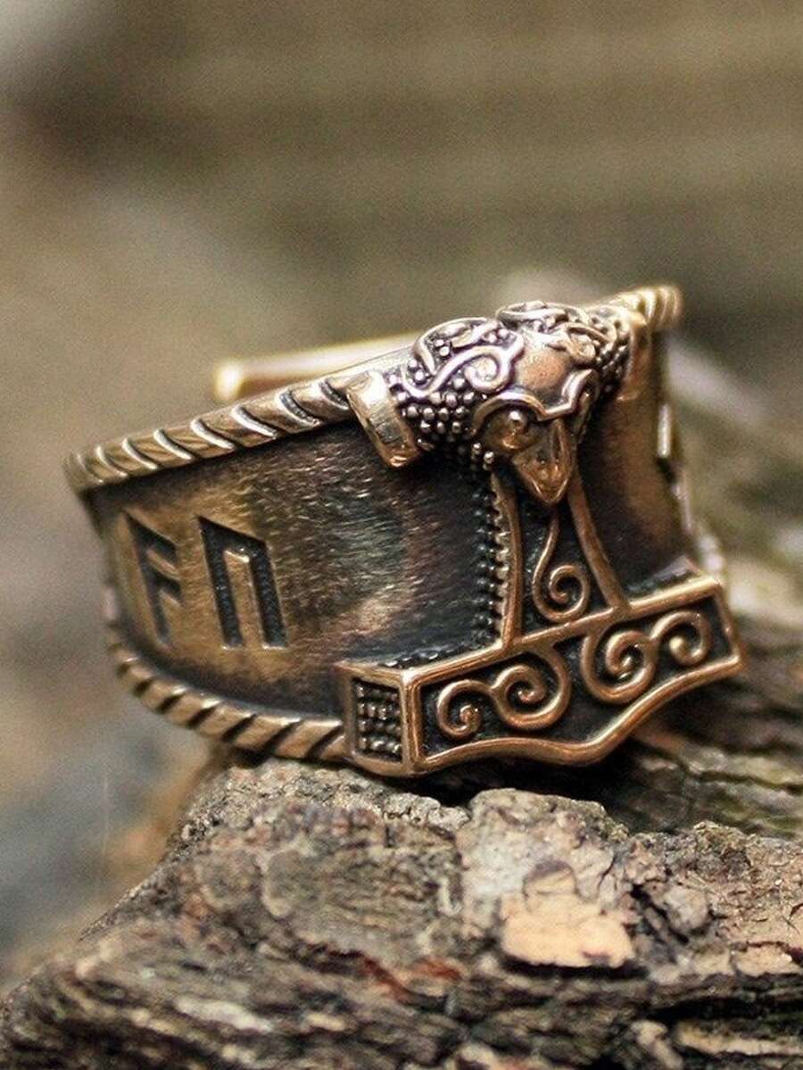 1 Piece 2026 New Women's Fashionable Rune Thor's Hammer Retro Style Alloy Bronze Ring Suitable For Daily Party Size 7~11 - 銅色 - 查看 1