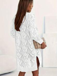 Áo khoác cardigan dệt kim dài tay màu trơn dáng rộng cho nữ cỡ lớn - Cúc cài phía trước, màu trắng, mùa xuân - trắng - Xem 4