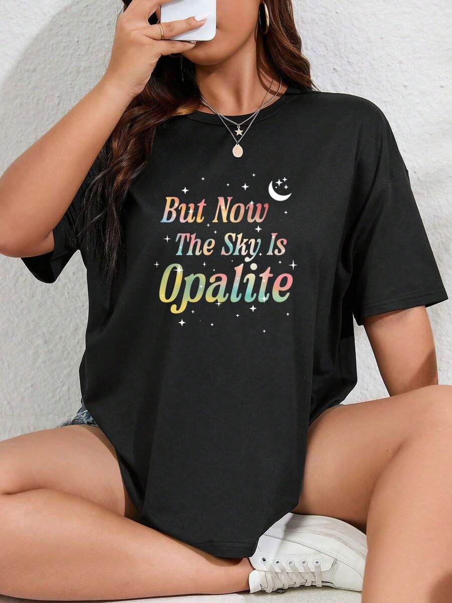 But Now The Sky Is Opalite Print Loose T Shirt INS Style Korean Style European And American Style Women Casual Wear Night Out Streetwear Figure Flattering Versatile Design Star Moon Pattern - 黑色 - 查看 1