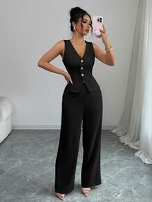 Conjunto de blazer para mujer, de 2 piezas, casual, con frente abierto, sin mangas, chaleco y pantalones, elegante, ropa de trabajo para mujer - Negro - Ver 7