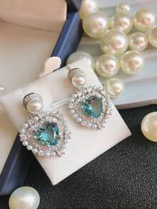 Set da 4 pezzi di collana, orecchini e anelli con pendente a forma di cuore in acciaio inossidabile e perle di colore azzurro chiaro, accessori di moda da donna, adatti per banchetti, feste, uscite quotidiane e pendolarismo