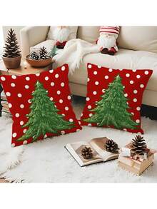 2件装圣诞红色圣诞树系列涤纶绒面抱枕套，沙发靠垫套（不含枕芯） - 紅色 - 查看 3