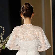1pc Elegant White Lace Bridal Cape Shawl - Vintage Floral Lace Bolero Jacket, Wedding Dress Accessory, Sheer Lace Bridal Coverup, Short Sleeve Lace Cape, Delicate Details, Perfect For Bride's Wedding And Formal Events