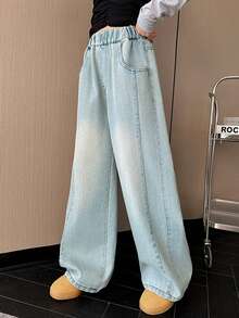 Casual Versatile Elastic Waist Wide Leg Tween Girls Jeans