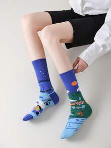 1 Pair Women's Funny Abstract Painting Mid-Calf Socks, Casual