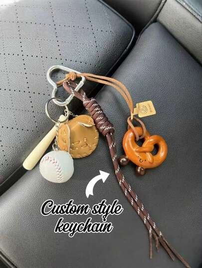 Portachiavi personalizzato e personalizzabile, accessori pendenti opzionali, combinazione di portachiavi a forma di mazza da baseball e pane, portachiavi a forma di bagel, portachiavi carino a forma di capibara di pane, portachiavi a forma di cane salame al cioccolato, pendente di nodo di acqua alcalina, pendente di cornetto, portachiavi a forma di baguette, alla moda