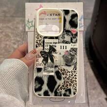 1pc Vintage Chic TPU Material Star & Leopard Print Patchwork Pattern Phone Case Compatible With IPhone 17 Pro Max/17/16 Pro Max/15/13/12/11, S20 FE/A15/S24/A55, Compatible With Redmi Note 11/12/13 Pro, Full Body Shockproof Soft Protective Cover,International Version, Not The Domestic Version - White - View 2