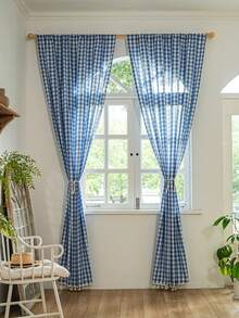 1pc American Country Style Minimalist Solid Color Plaid Pattern Curtain, Suitable For Bedroom, Living Room, Balcony - Multicolor - View 8