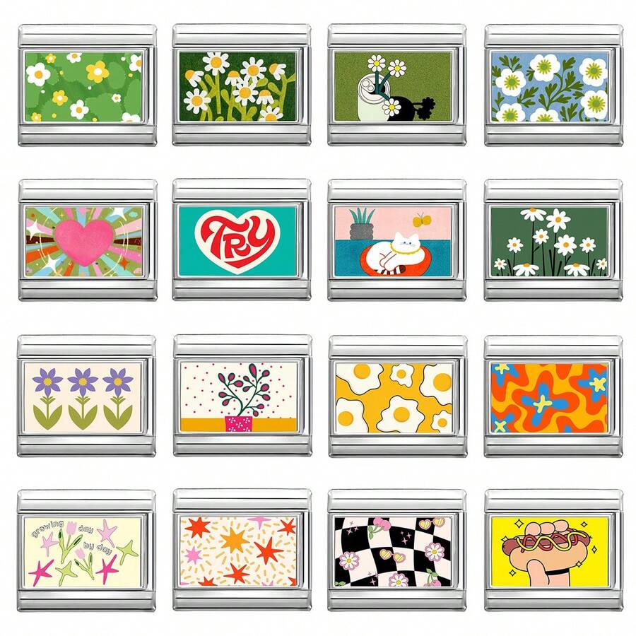 1件DIY照片模块化手链，饰以花朵、爱心、眼睛元素，适合作为派对礼物送给朋友/情侣，适用于圣诞节、新年、万圣节、情人节等场合，设计精美，不锈钢材质，本地制造，实用时尚，是圣诞节和万圣节的必备单品，色调沉稳，充满秋日气息。