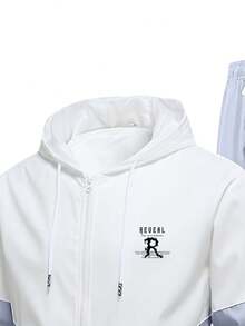 Bộ đồ thể thao nam phối màu 2 món, áo khoác có mũ in họa tiết, quần dài đến mắt cá chân có dây rút, thích hợp cho các hoạt động thường ngày, thể thao ngoài trời, chạy bộ, cắm trại, leo núi, đạp xe, mùa xuân/thu. - Xám - Xem 4