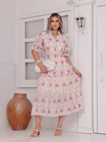 Women's Midi Dress With Embroidered Lace, All-Over Print, Embroidery, Button Detail, Ruffle Detail, Gathered Detail, Suitable For Formal And Evening Wear. - Ver 2