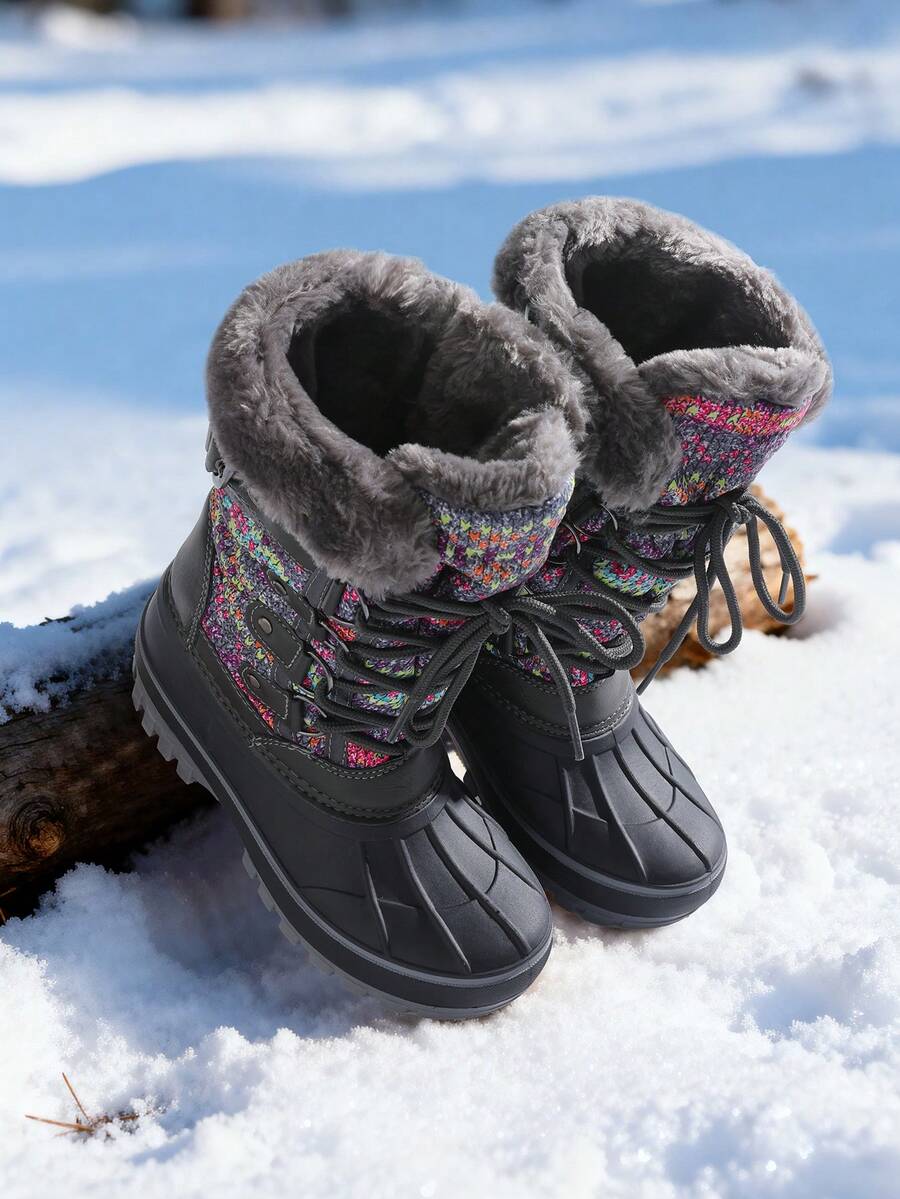 Boys And Girls Winter Snow Boots, Water-Resistant Mid Calf Boots With Anti-Slip Sole, Insulated & Cozy Faux Fur Lining For Little And Big Kids - Màu Xám nhạt - Xem 1