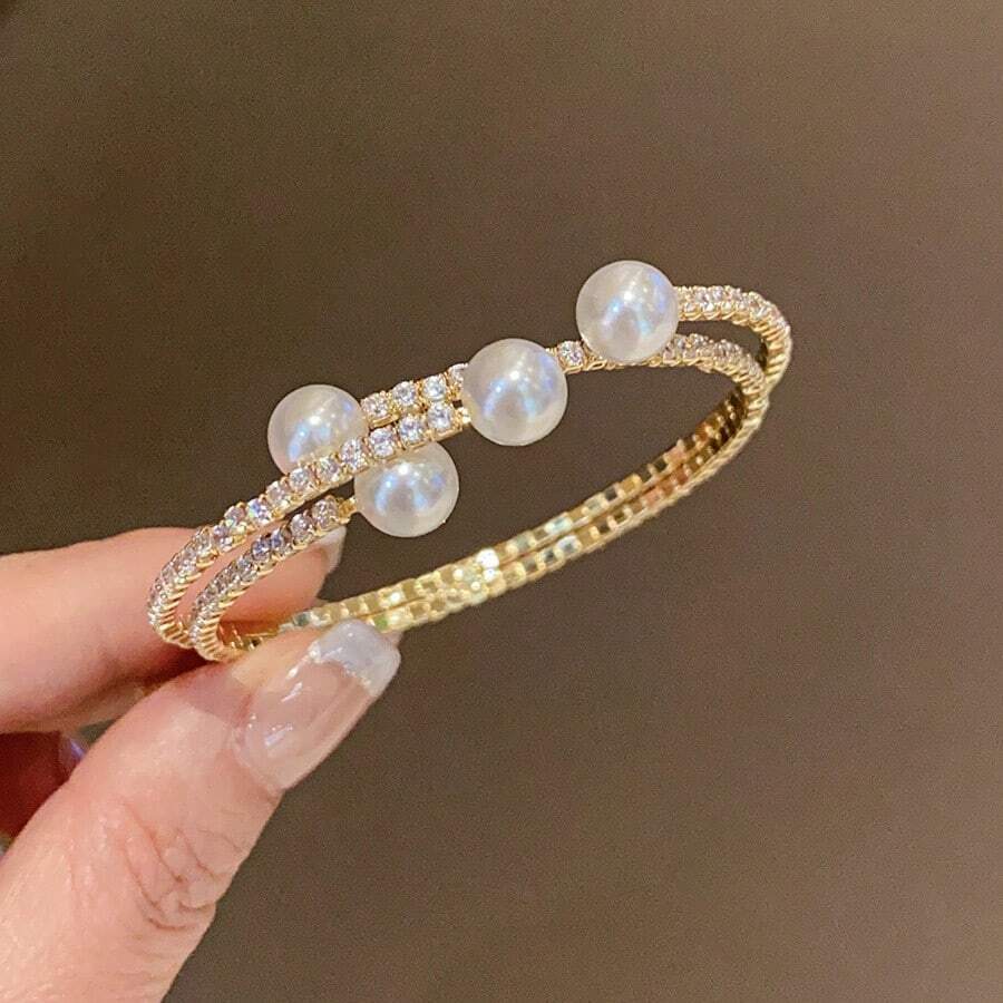 1 Piece Exquisite French Style Diamond-Encrusted Multi-Layer Pearl Bracelet Light Luxury High-End Feel Bracelet Personality Fashion Hand Jewelry Design Sense Niche Suitable For Men And Women Festival Party Daily Wear Exquisite Halloween Christmas Thanksgiving Festival Gift Birthday Gift - Vòng tay vàng 8# - Xem 1