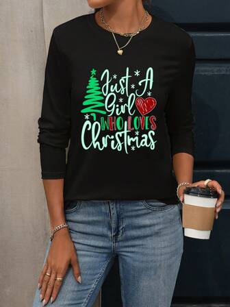 Camiseta de manga larga con cuello redondo informal para mujer, parte superior gráfica con árbol de Navidad y eslogan, suéter navideño para mujer, ropa de otoño/invierno para mujer