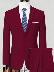Mens Slim Fit 2-Piece Suit Two Buttons Notched Lapel Solid Suit Jacket Pants Set Tuxedo For Prom Concert Graduation Season Size XS-3XL Men's Spring New Products Suit Sets For Wedding Concert  Graduation Season - 酒紅色 - 查看 5