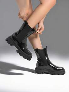 Women's Platform Chelsea Boots Lug Sole Combat Mid Calf Slip On Chunky Ankle Booties - 黑色 - 查看 6