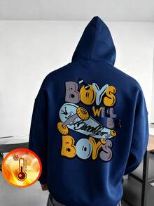1pc Tween Boys' Casual Printed Pullover Sweatshirt, Warm Thermal Lined, Colorful & Fun Design To Inspire Young Imagination, Autumn/Winter - Navy Blue - View 8