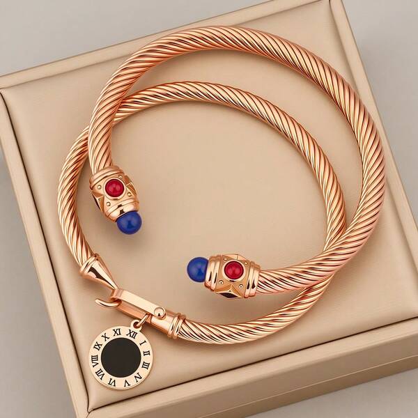 1 Set Fashion Roman Style Faux Gemstone Unisex Bangle & Necklace Set, C-Shape Twisted Bracelet & Necklace, Gift For Men & Women