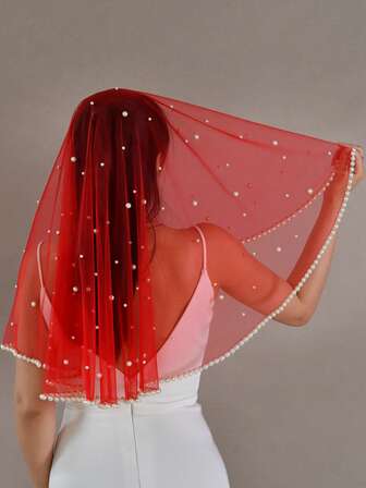 1 röd kamfri pärldekorerad brudslöja glänsande och ljus Halloween-juldekoration kinesisk bröllop