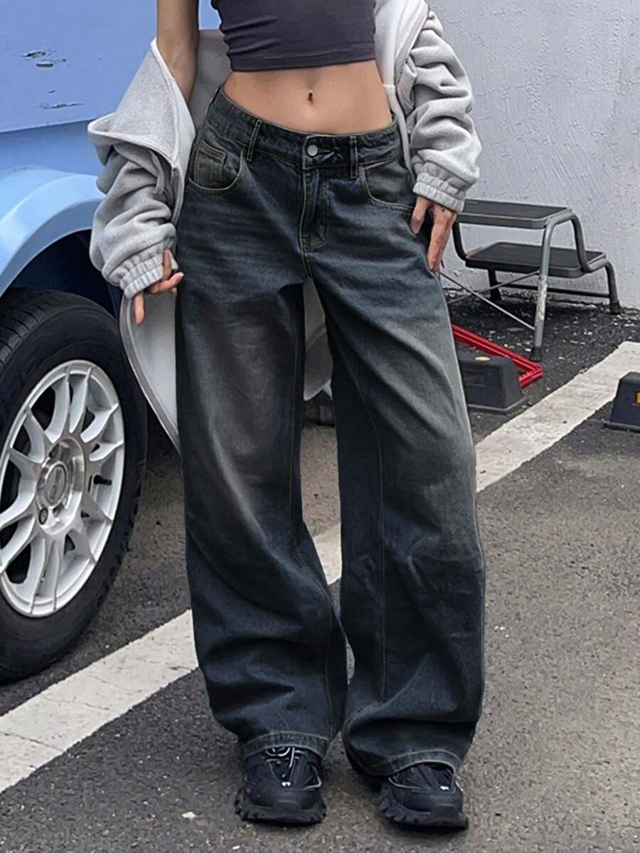 大码女式复古宽松直筒牛仔裤