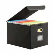 Piorlado Portable File Organiser Box With Lid, Foldable Filing Storage Boxes With Plastic Slide, Decorative Home/Office Filing System For File And Folders Storage (Black) - Black - View 1
