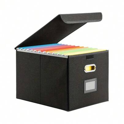 Piorlado Portable File Organiser Box With Lid, Foldable Filing Storage Boxes With Plastic Slide, Decorative Home/Office Filing System For File And Folders Storage (Black)