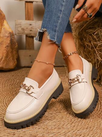 Women's Fashion Round Toe Chunky High Heel Chain Decor Slip-On Shoes, Versatile, Suitable For Spring/Autumn Music Festivals And Parties, Black, Platform Chunky Heel Oxfords, Women's Elevator Loafers, Business Casual Flat Shoes