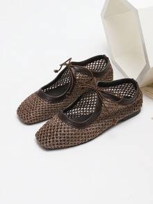女士编织镂空透气平底鞋，蝴蝶结系带方头芭蕾平底鞋，轻便舒适，休闲百搭，适合度假穿着，日常/海滩皆宜 - 棕色 - 查看 2
