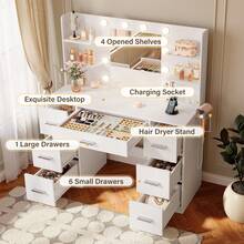 Furniwell 43" Vanity Desk Set With Power Outlet, Makeup Vanity Table With Bulbs Mirror 3 Color & Brightness Adjustable 7 Drawers For Storage,   Makeup Vanity Desk With Outlets, Large Mirror With Light Bulbs Color & Brightness Adjustable,  7 Drawers For Storage With Hairdryer Holder Christmas Gift For Girls Women - Shell white - View 4