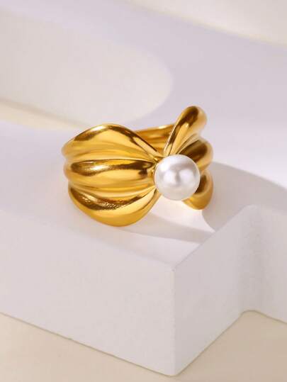 1pc Fashion Pearl Stainless Steel Geometry Bow Open Rings For Women 18k Gold Plated Bowknot Ring Jewelry