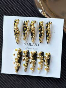 10pcs/Pack Pointed Nail Tips, Handmade Nail Stickers, Multi-Color Nail Tips With Golden Pearl Decor, Hand-Painted Creative Patterns, Classic Luxury Contrast Color Design, 3D Stereoscopic Shape - Full Coverage Artificial Handmade DIY Shiny Nail Stickers, Suitable For Party, Outdoor, Beach, Daily, Holiday, Gathering, Work And Special Occasions - Multicolor - View 1