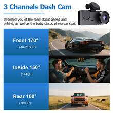 Dash Cam Front And Rear Inside 3 Channel, 4K Full UHD Dash Camera For Cars Built-In 32GB Card With IR Night Vision, 24 Hours Recording, Loop Recording, G-Sensor (Black) - màu đen - Xem 2