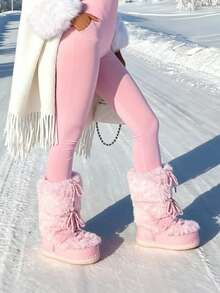 Faux Fur Boots For Women Winter Snow Boots Platform Lace Up Round Toe Boots Warm Snow Shoes Fluffy Winter Boots - Hồng - Xem 6