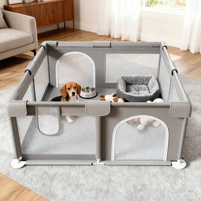 CHIQUERID 47x47x23.6 Inch Puppy Playpen With Gate, Dog Playpen For Puppies And Small Dogs, Durable Safety Pet Fence With High-Strength Nylon Mesh, Washable, Indoor & Outdoor Use