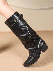 2025 Autumn/Winter New Asymmetric Wine Glass Heel High Heel Boots Women Pointed Toe Soft Leather Tall Boots - Black - View 2