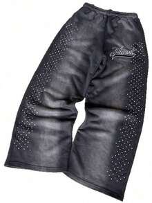 Design-Inspired Hip-Hop Starry Print Wide-Leg Straight-Leg Pants For Men In Large Size, Suitable For Casual And Relaxed Sports Wear. - Black - View 2