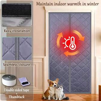 1件装冬季隔热门帘，宠物友好，易于安装，绗缝材质，灰色菱形图案。采用无缝闭合和双面胶设计，保持室内温暖，适合家庭使用，冬季及有宠物的场所。