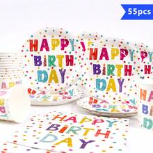 55/25/10pcs Colorful Polka Dot Happy Birthday Disposable Plate Napkin Cup Set, Plates, Napkins And Cups Party Supplies, Suitable For 10 Guests, Disposable Paper Plates Party Tableware Suitable For Birthday Wedding Party Family Picnic - Multicolor - View 1
