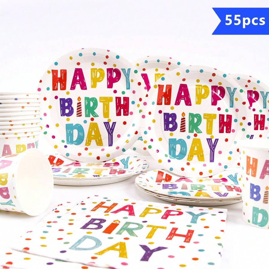 55/25/10pcs Colorful Polka Dot Happy Birthday Disposable Plate Napkin Cup Set, Plates, Napkins And Cups Party Supplies, Suitable For 10 Guests, Disposable Paper Plates Party Tableware Suitable For Birthday Wedding Party Family Picnic - Multicolor - View 1