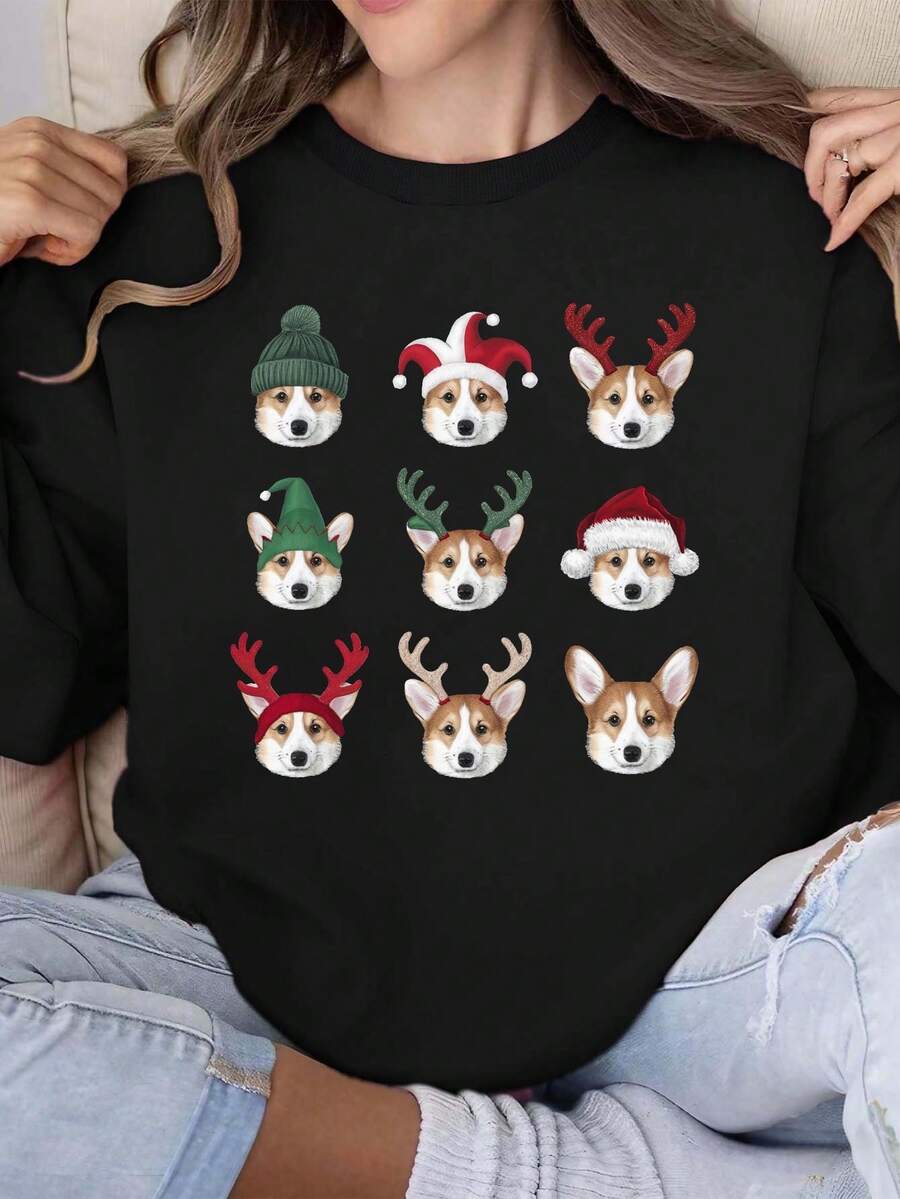 Corgi with festive accessories Graphic Print Sweatshirt, Crew Neck Casual Sweatshirt for Fall & Spring, Women's Clothing - Negro - Ver 1