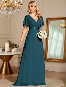 褶邊緊身上衣緞帶腰雪紡伴娘連衣裙 - 藍色 - 查看 8