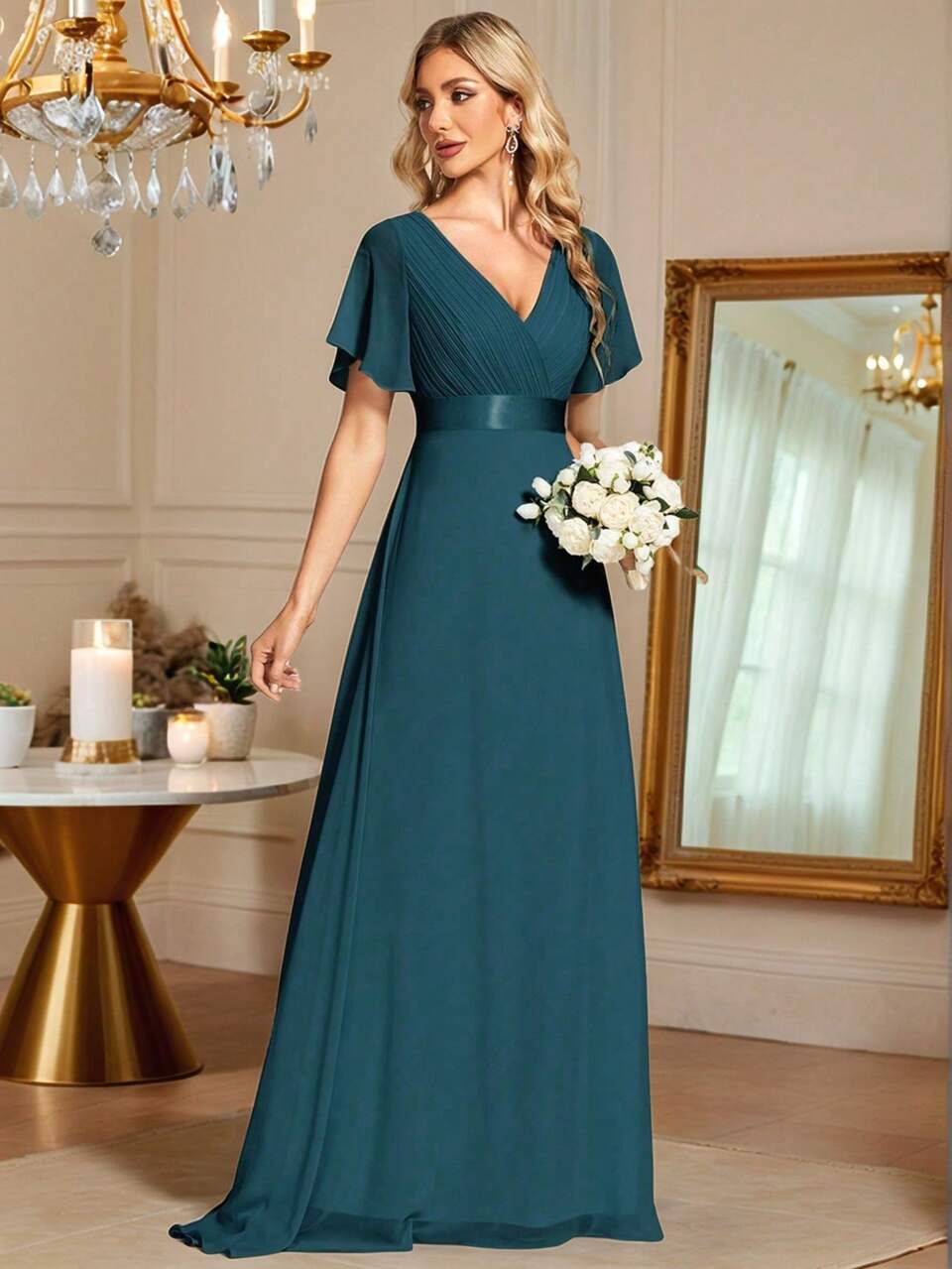bluish green bridesmaid dresses Elegant V-Neck Ruffle Butterfly Sleeve Blue-Green Dress, Wedding Guest Dress For Spring Semi-Formal Occasions, Suitable For Wedding, Birthday Party, Graduation, Valentine's Day｜EMMACLOTH dark turquoise bridesmaid dresses