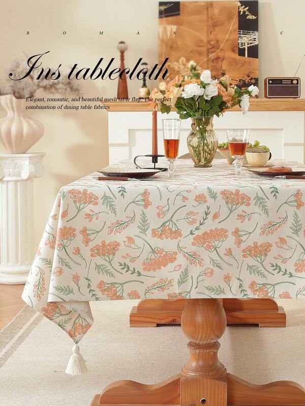 1pc Beige Fruit & Leaf Pattern Waterproof Tablecloth, Cute Minimalist Design With Tasseled Corners, Suitable For Living Room, Dining Room, Party, Home Decor, Room Decor, Tabletop Decor And Holiday Gift, Multiple Sizes Available, Suitable For All Seasons, Autumn/Winter Dining Table Decor