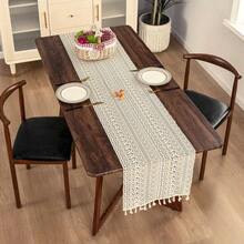 1pc Beige Hollow Tassel Decorative Tablecloth, Vintage Bohemian Geometric Embroidery, For Dining Room & Kitchen - Beige - View 1