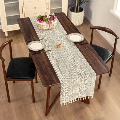 1 pieza Mantel decorativo con fleco hueco beige, bordado geométrico bohemio vintage, para comedor y cocina